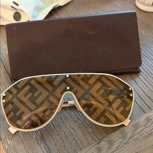 Fendi Brown FF-Pattern Shield Sunglasses with Ivory Trim